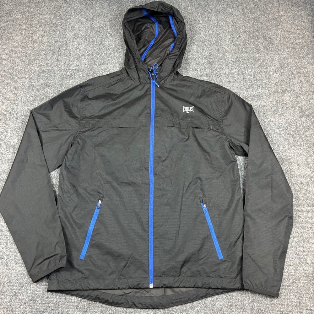Everlast Everwarm Mens Small Windbreaker Jacket Black Blue Full Zip Hooded S/C